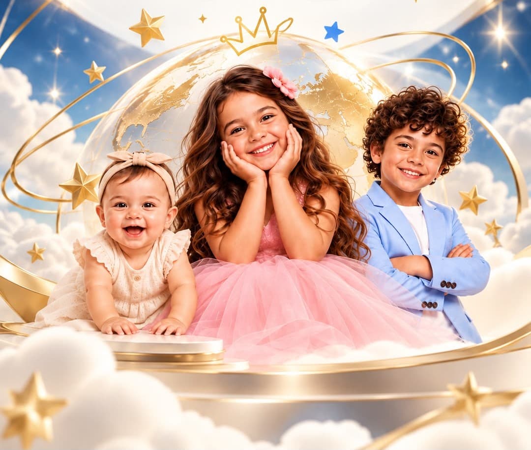Three smiling children in front of a golden globe and crown
